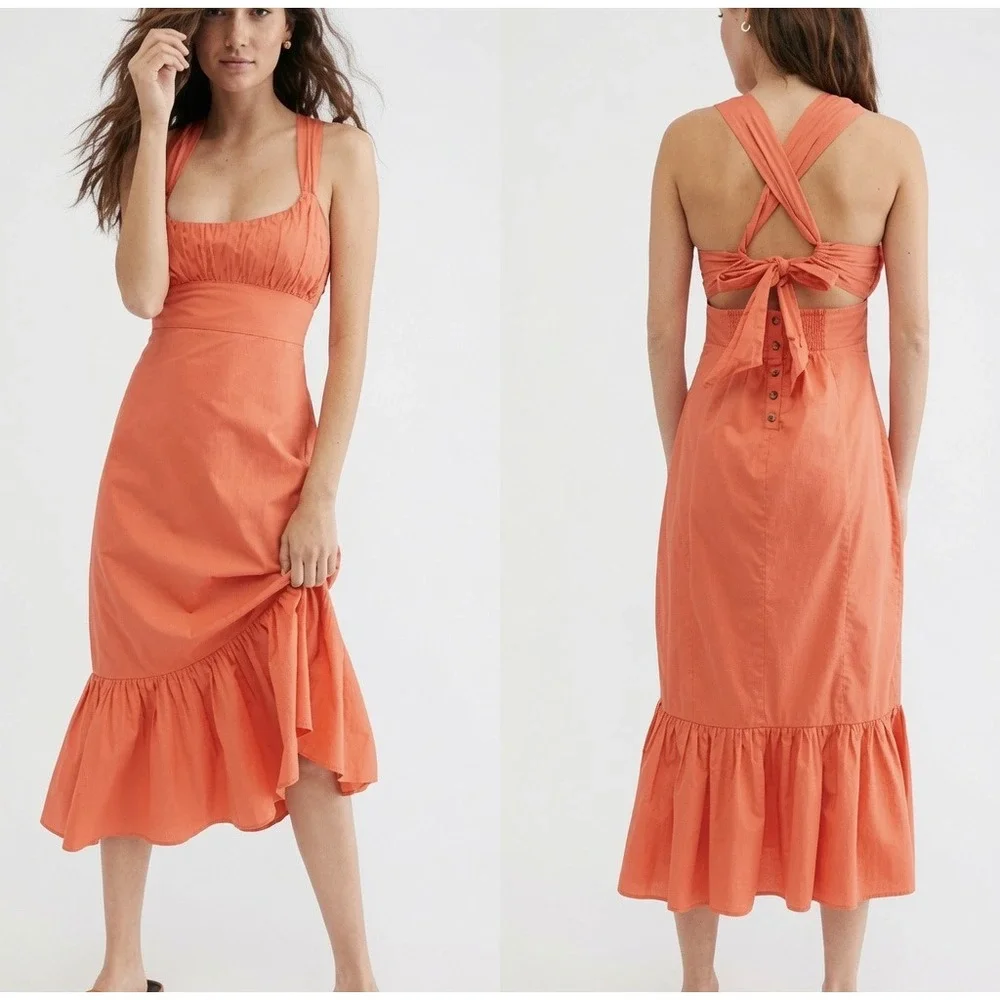 Free People Laila Tie Back Scoop‎ Neck Midi Dress Coral Orange Small